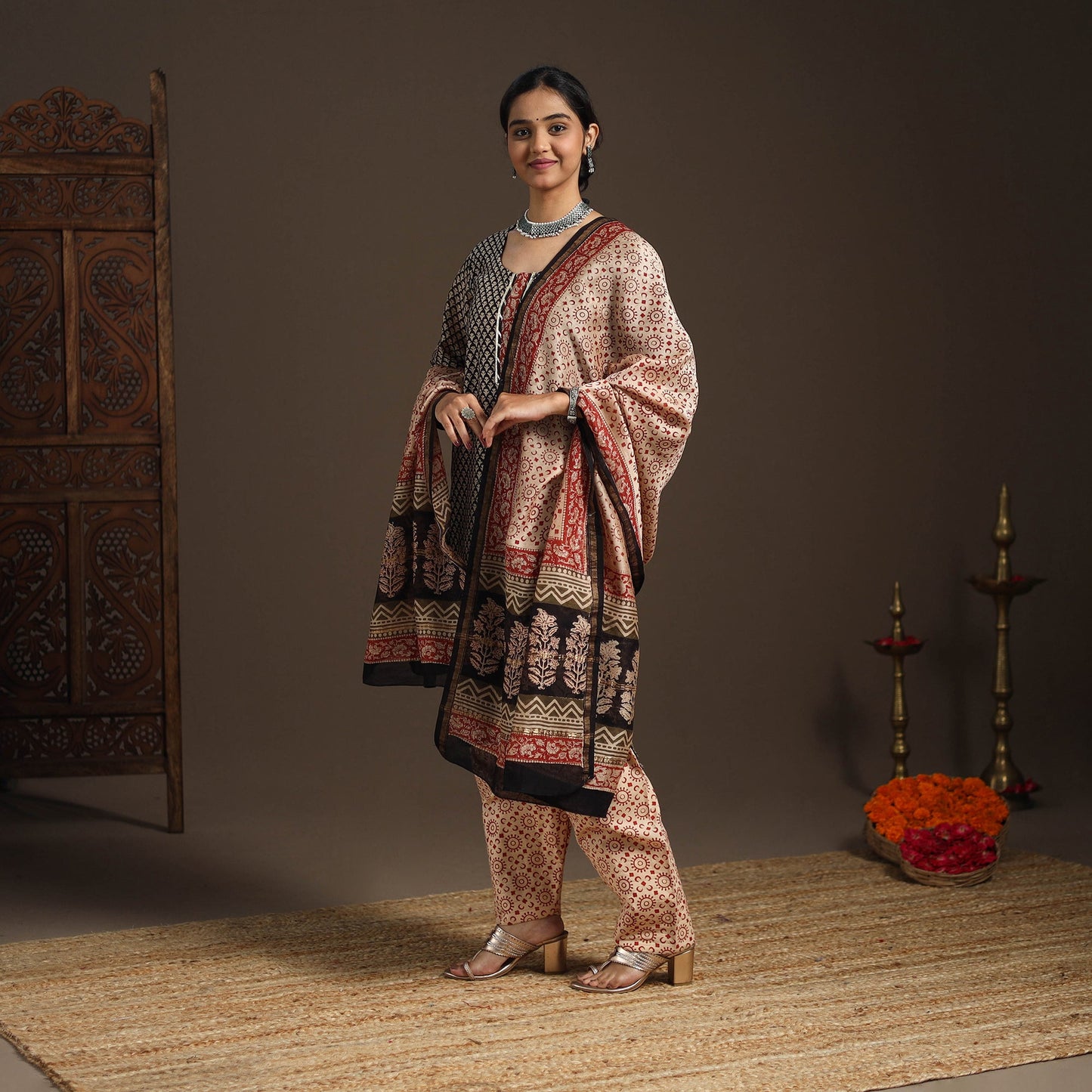 Black - gota work chanderi silk bagru kurta set (set of 3)