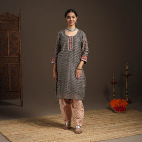 Black - gota work chanderi silk bagru kurta set (set of 3)