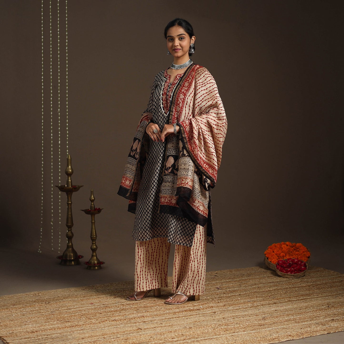 Black - gota work chanderi silk bagru kurta set (set of 3)