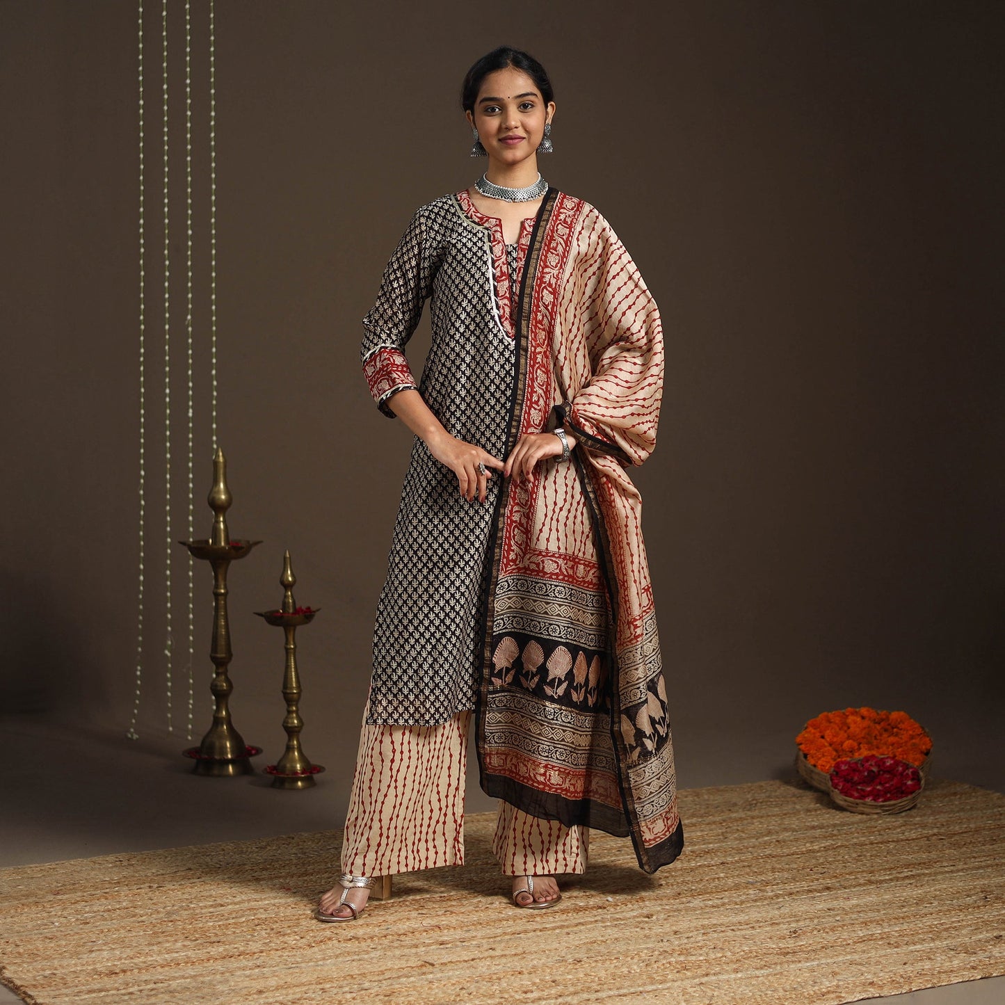 Black - gota work chanderi silk bagru kurta set (set of 3)