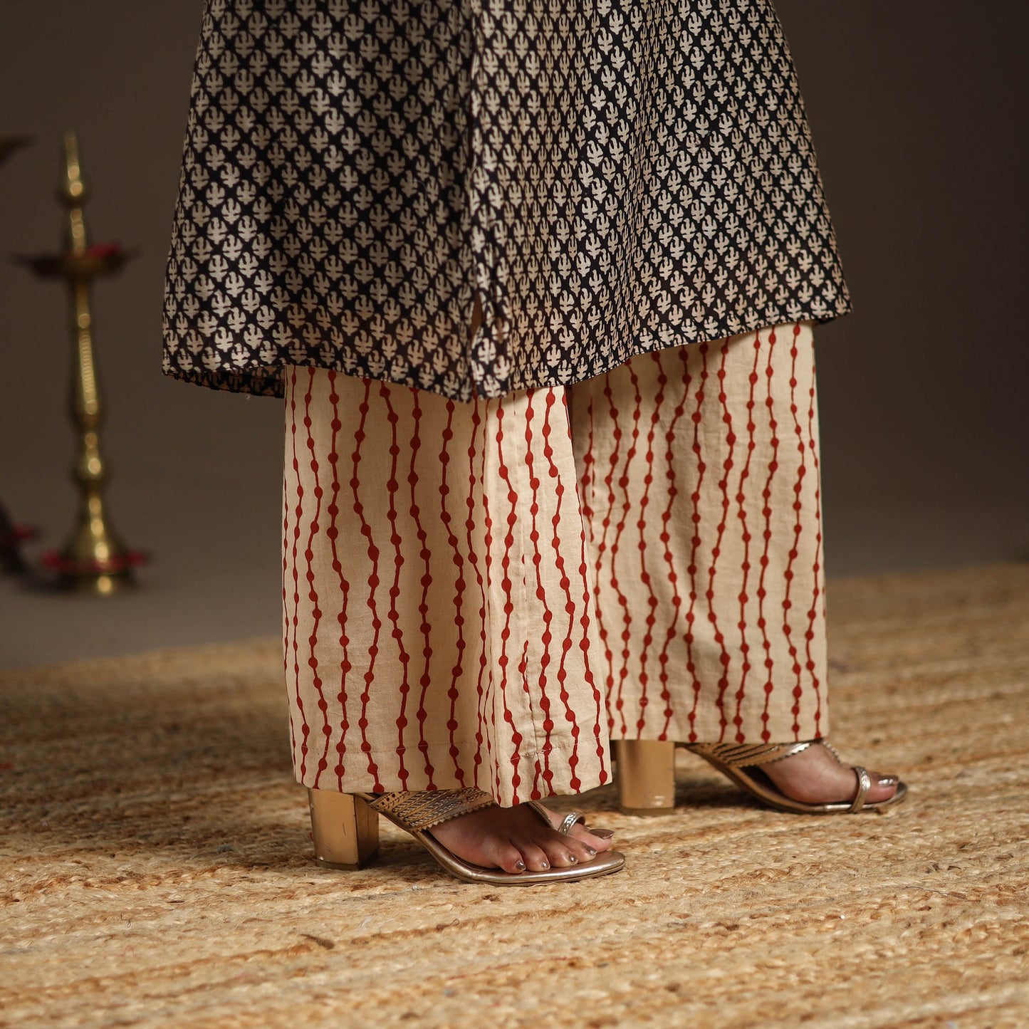 Black - gota work chanderi silk bagru kurta set (set of 3)