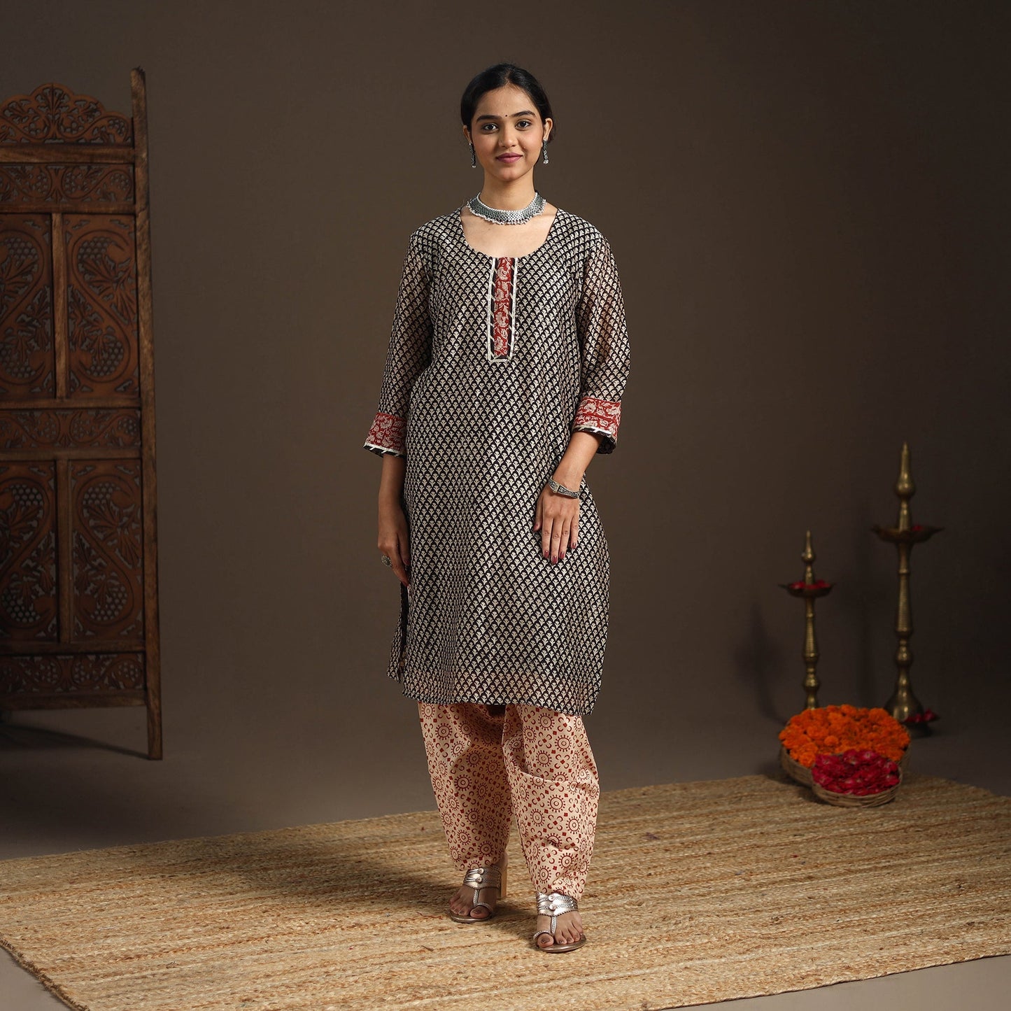 Black - gota work chanderi silk bagru kurta set (set of 3)