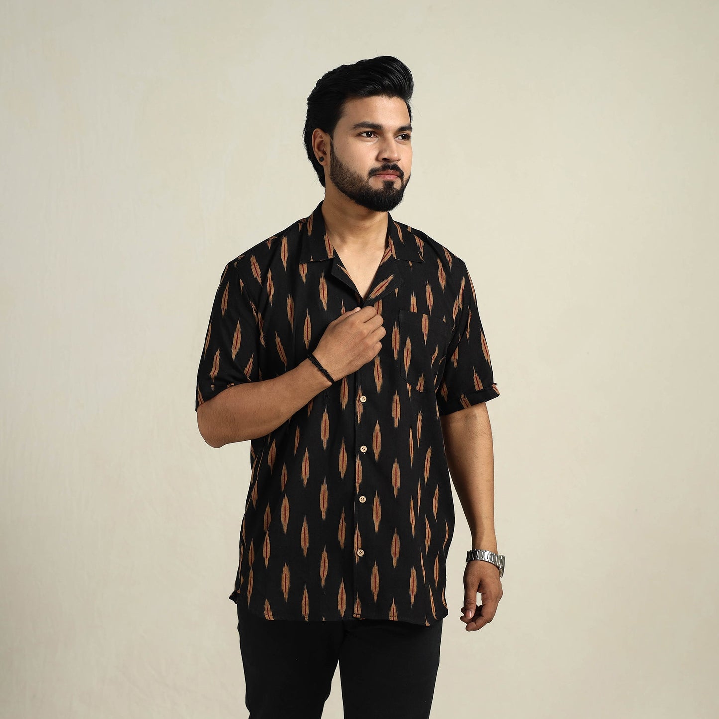  Black Half Sleeve Men Cotton Pochampally Ikat Shirt