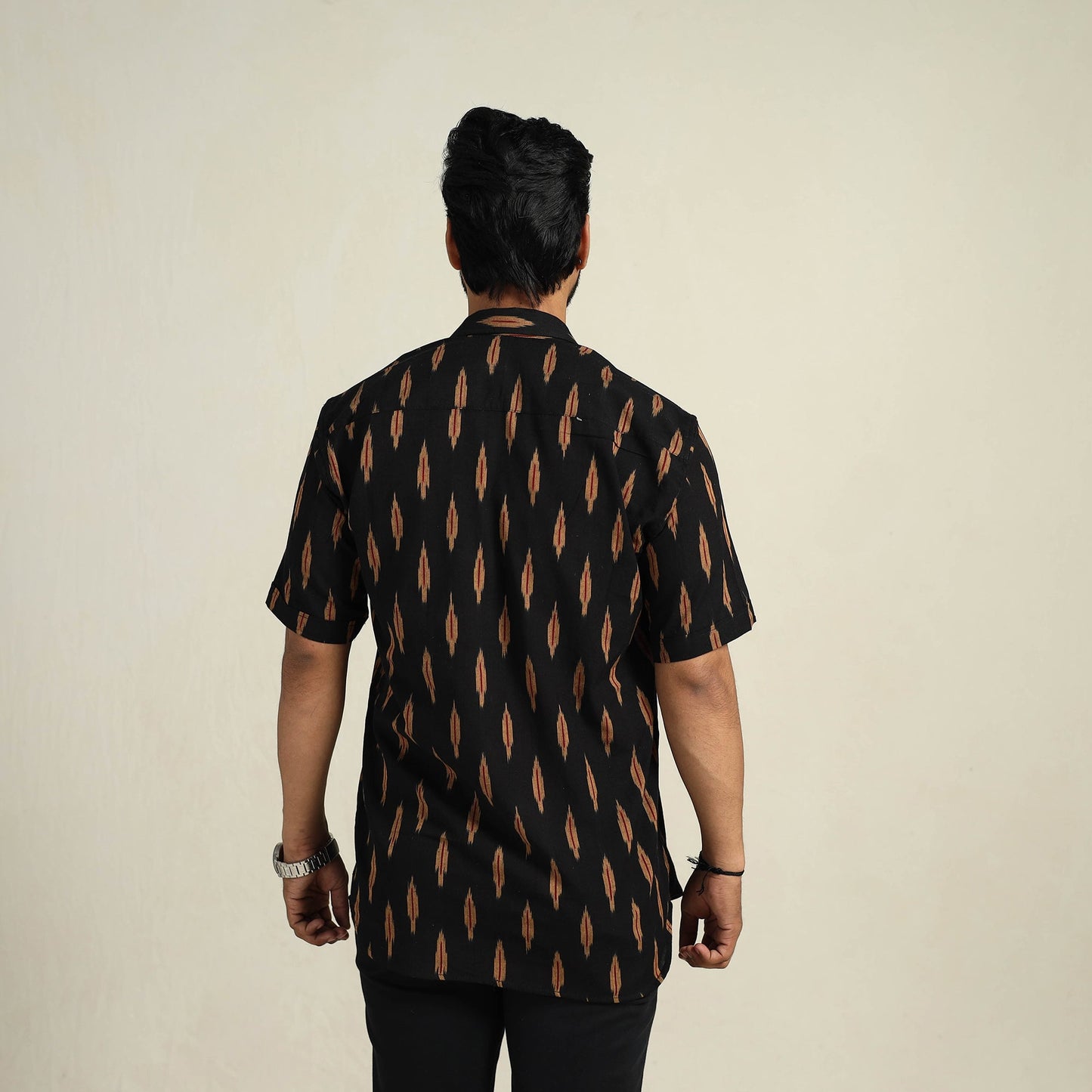  Black Half Sleeve Men Cotton Pochampally Ikat Shirt