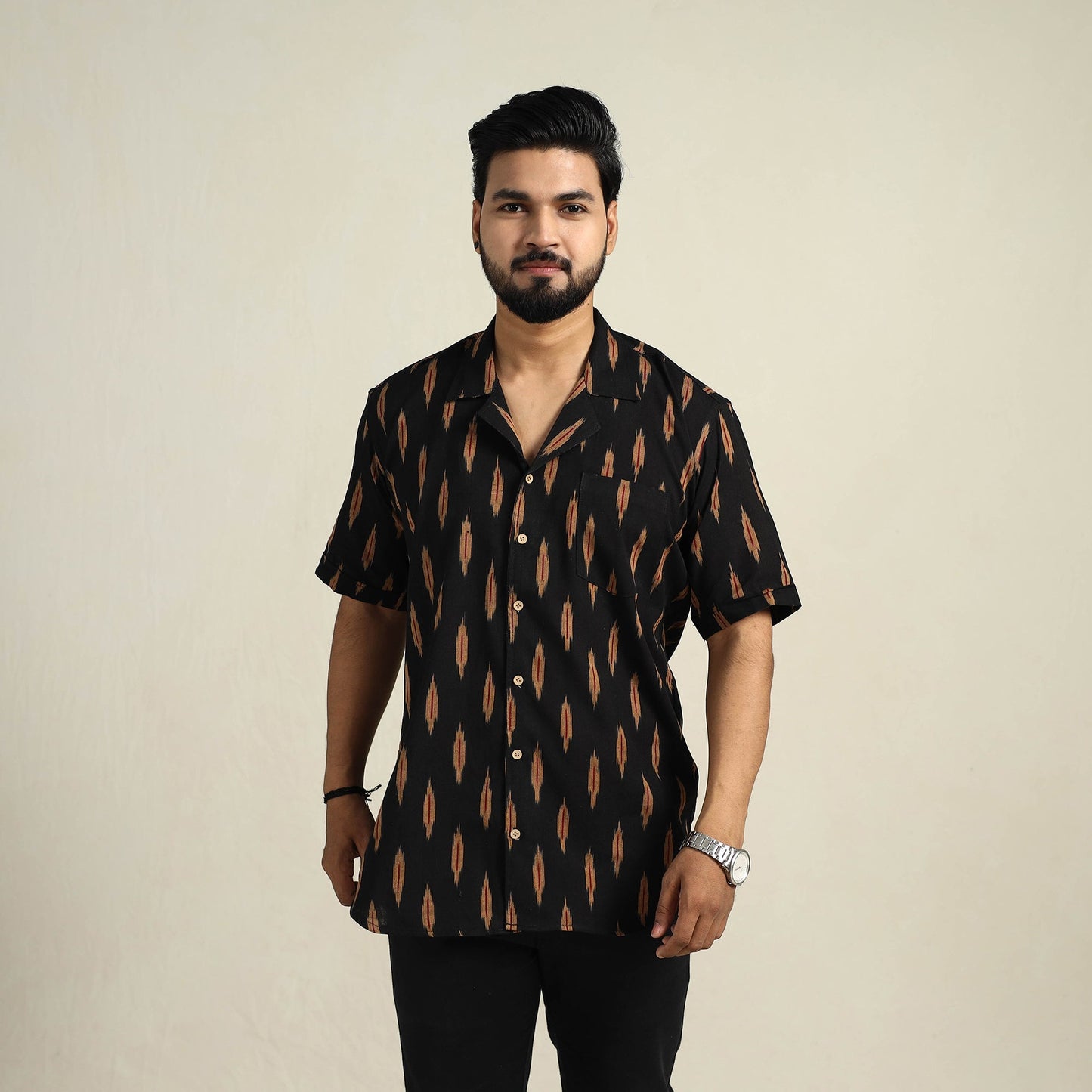  Black Half Sleeve Men Cotton Pochampally Ikat Shirt