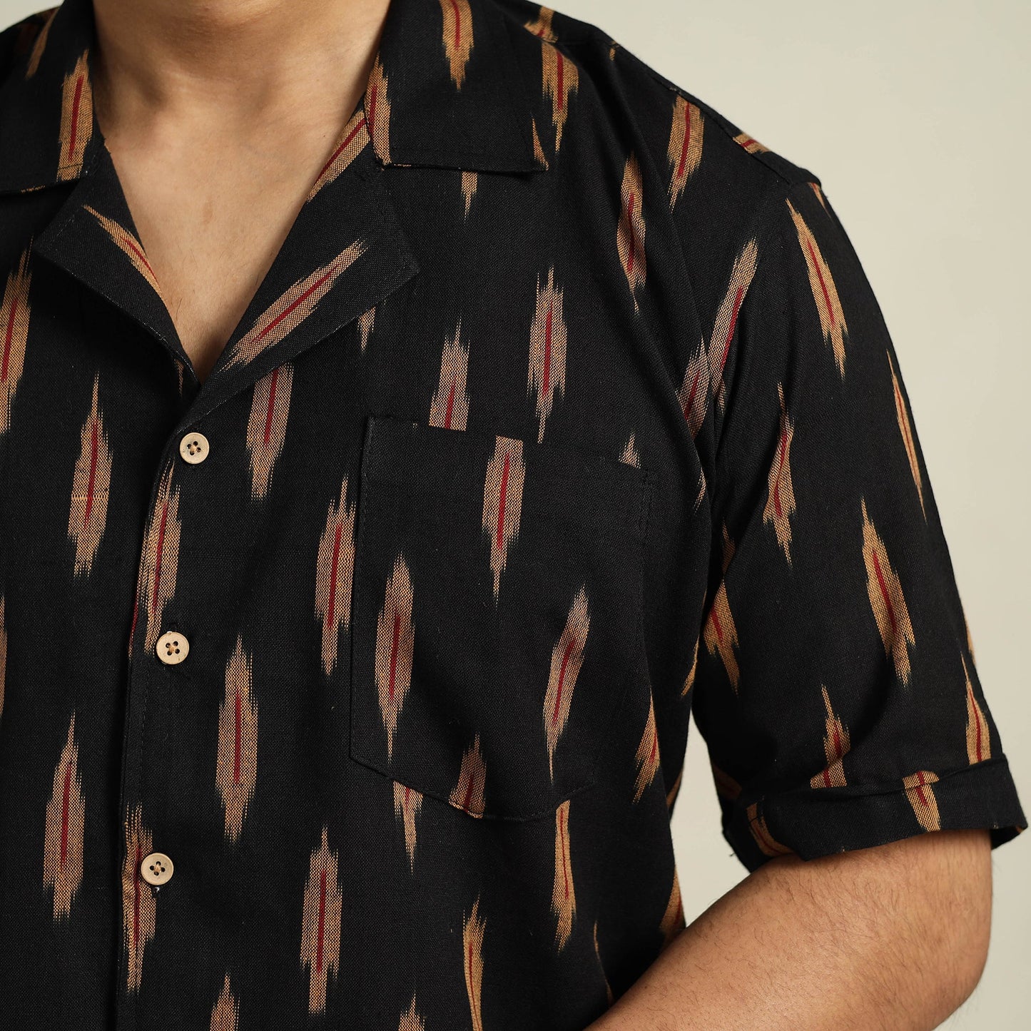  Black Half Sleeve Men Cotton Pochampally Ikat Shirt