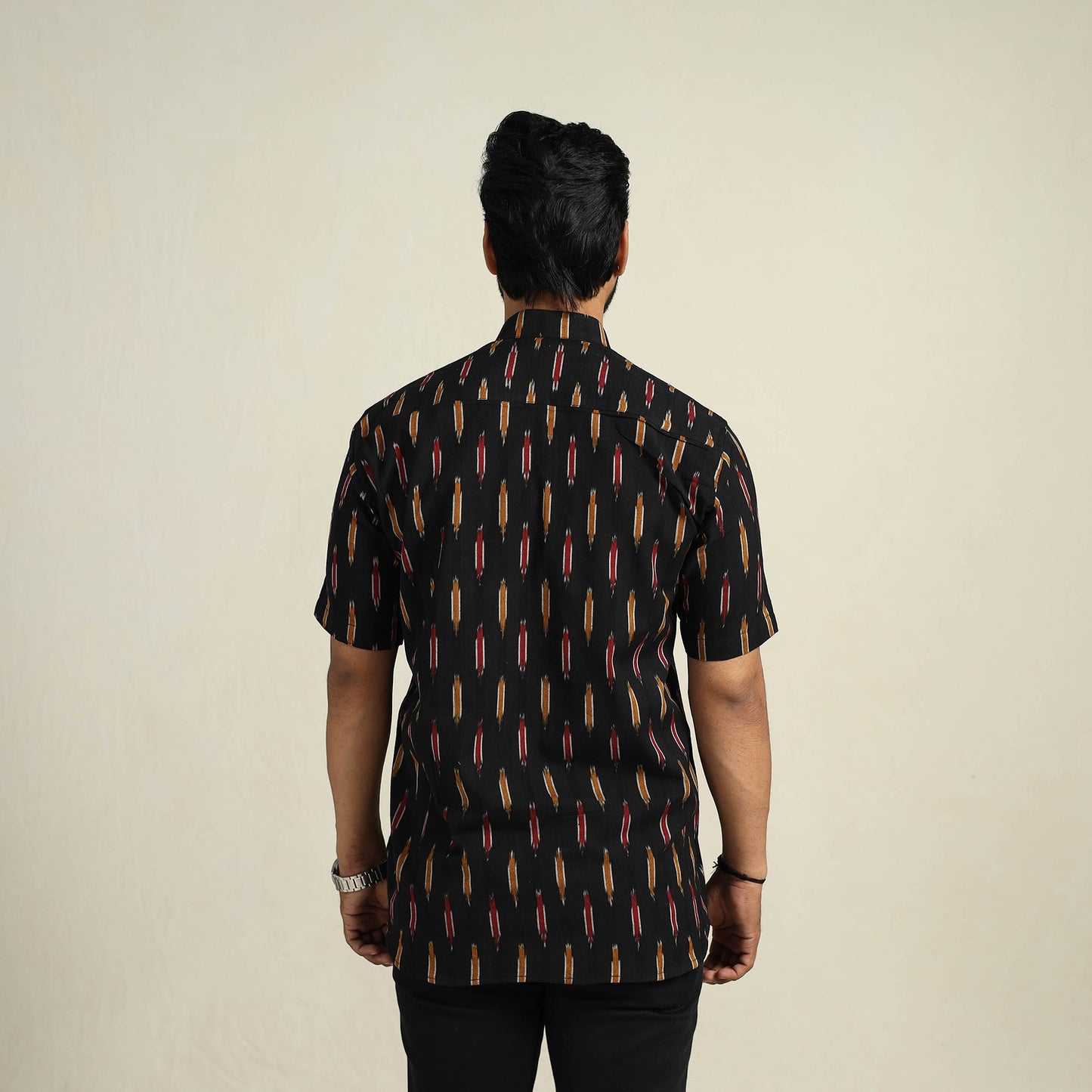  Black Half Sleeve Men Cotton Pochampally Ikat Shirt