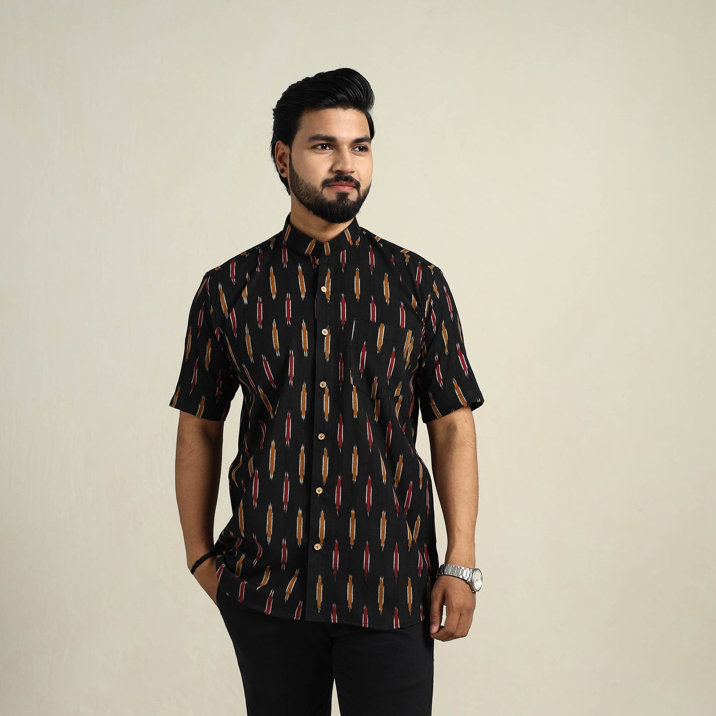  Black Half Sleeve Men Cotton Pochampally Ikat Shirt