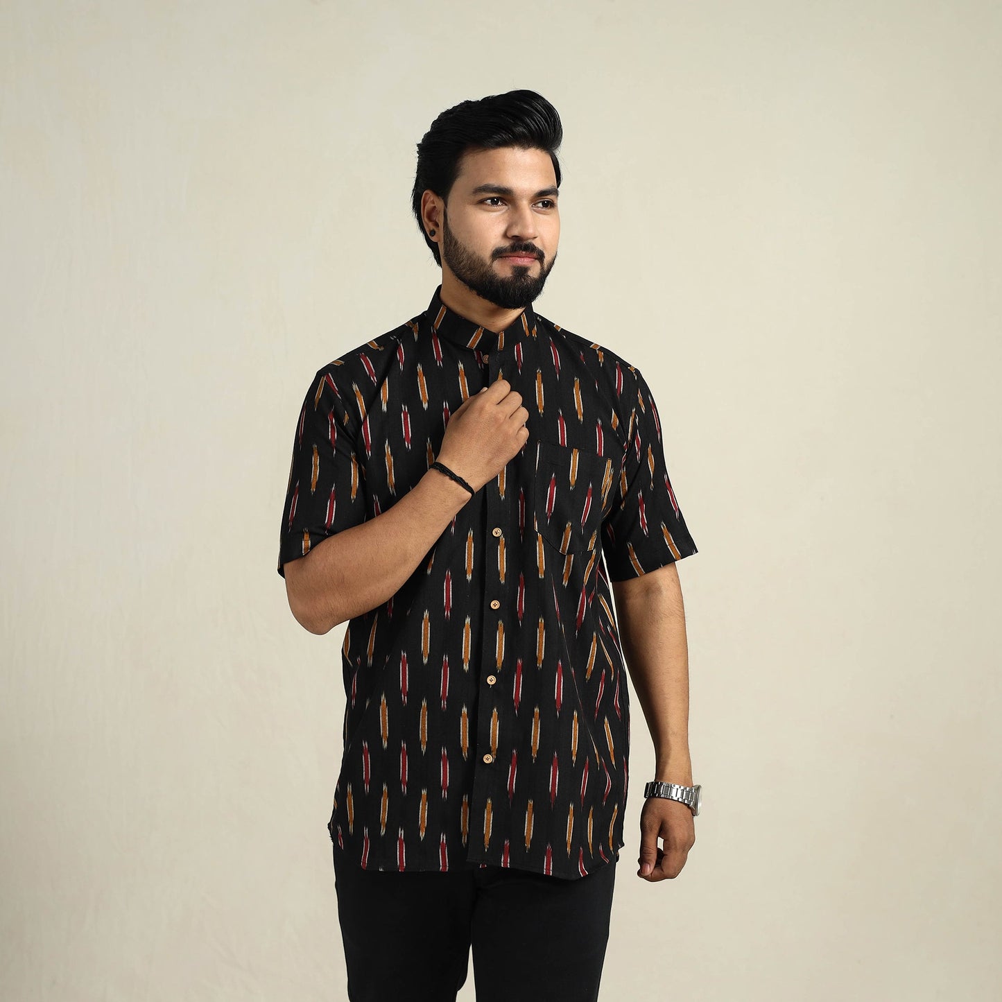  Black Half Sleeve Men Cotton Pochampally Ikat Shirt
