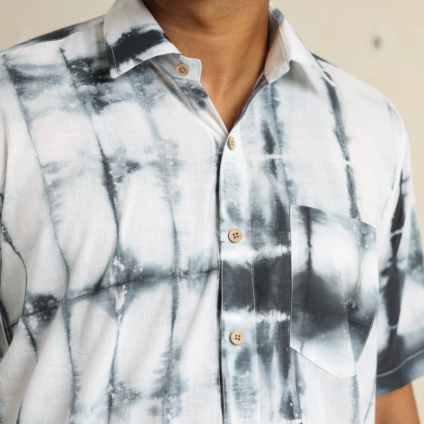 Black Half Sleeve Tie & Dye Cotton Men Shibori Shirt