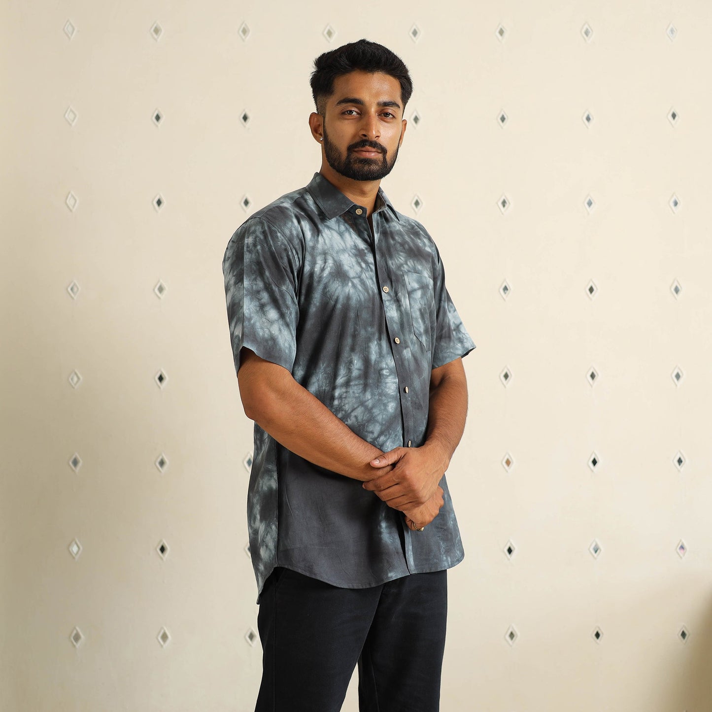 Black Half Sleeve Tie & Dye Cotton Men Shibori Shirt