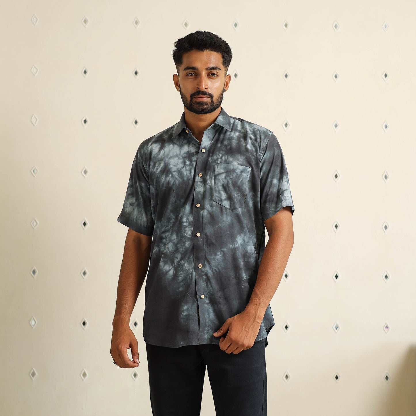 Black Half Sleeve Tie & Dye Cotton Men Shibori Shirt