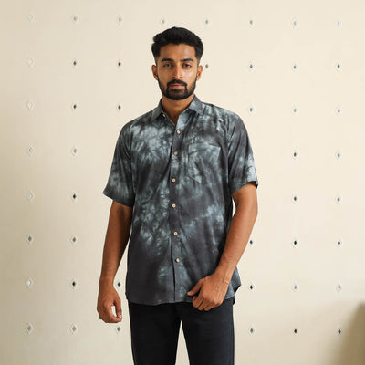 Black Half Sleeve Tie & Dye Cotton Men Shibori Shirt