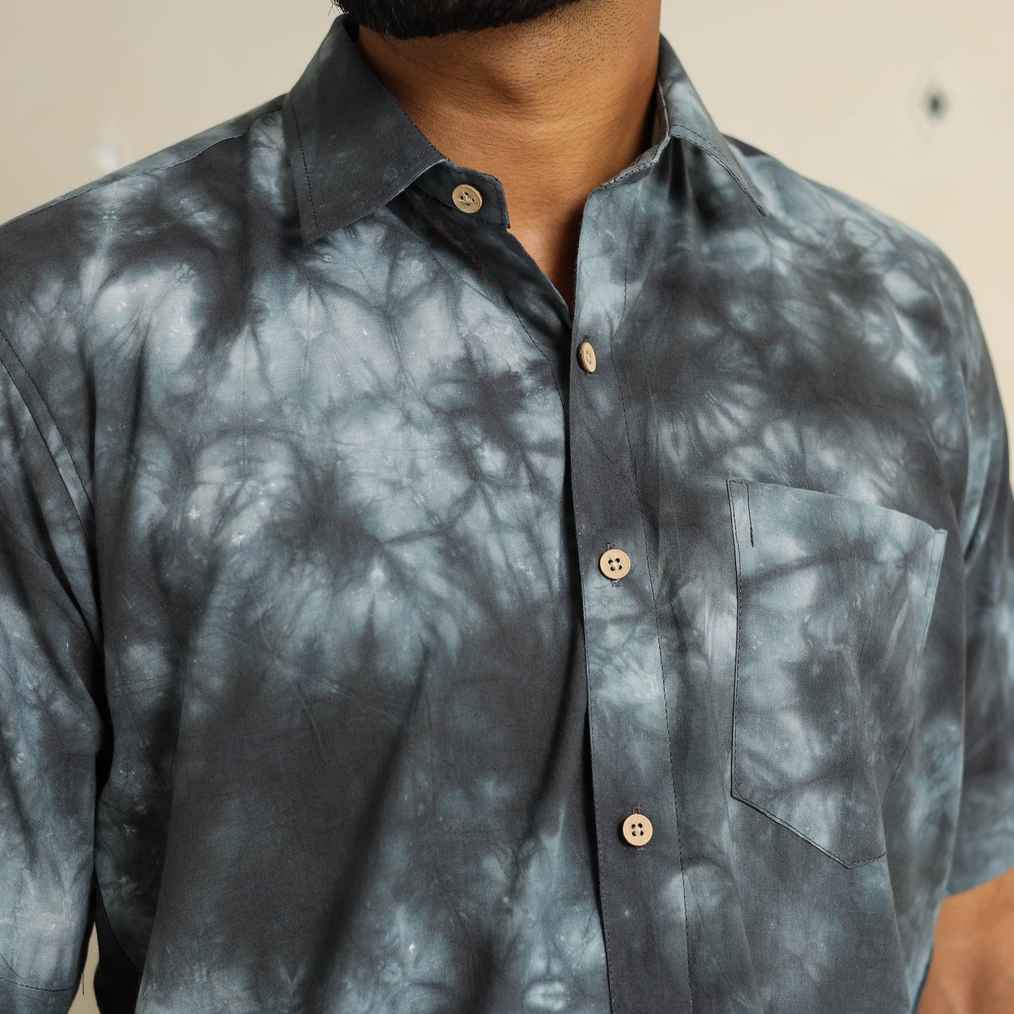 Black Half Sleeve Tie & Dye Cotton Men Shibori Shirt