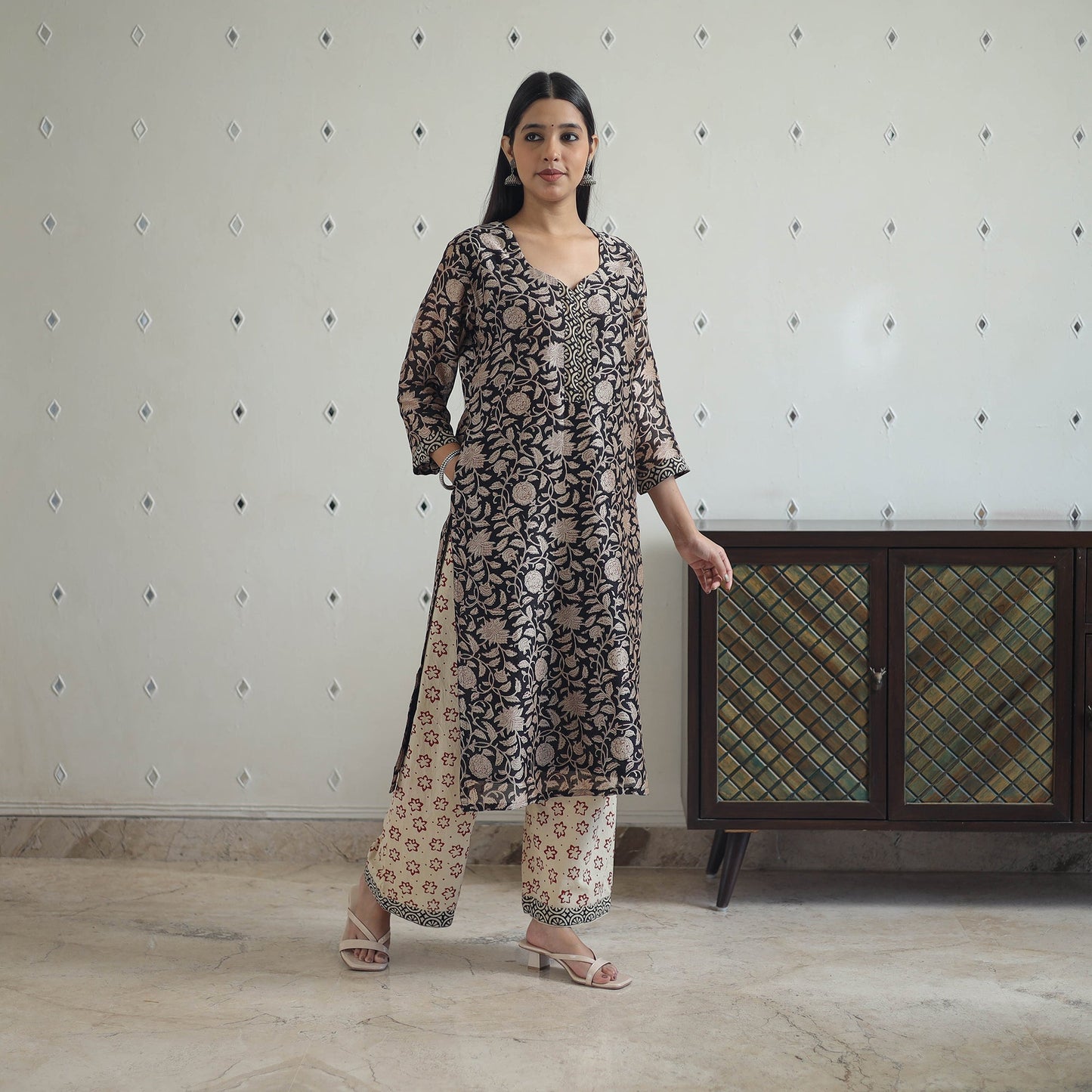 Buy Black Hand Block Bagru Print Chanderi Silk Kurta Set