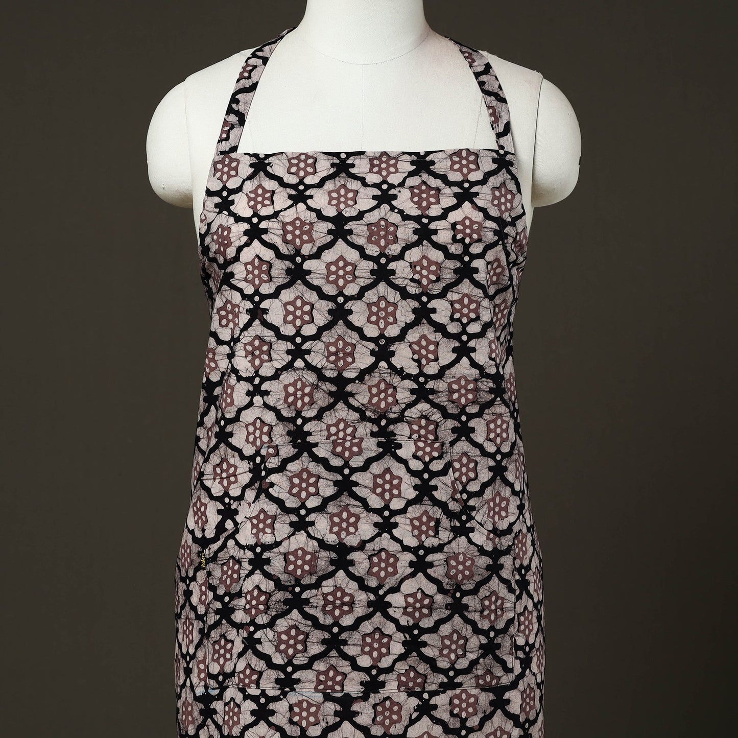 Black Hand Batik Print Cotton Apron with Pocket