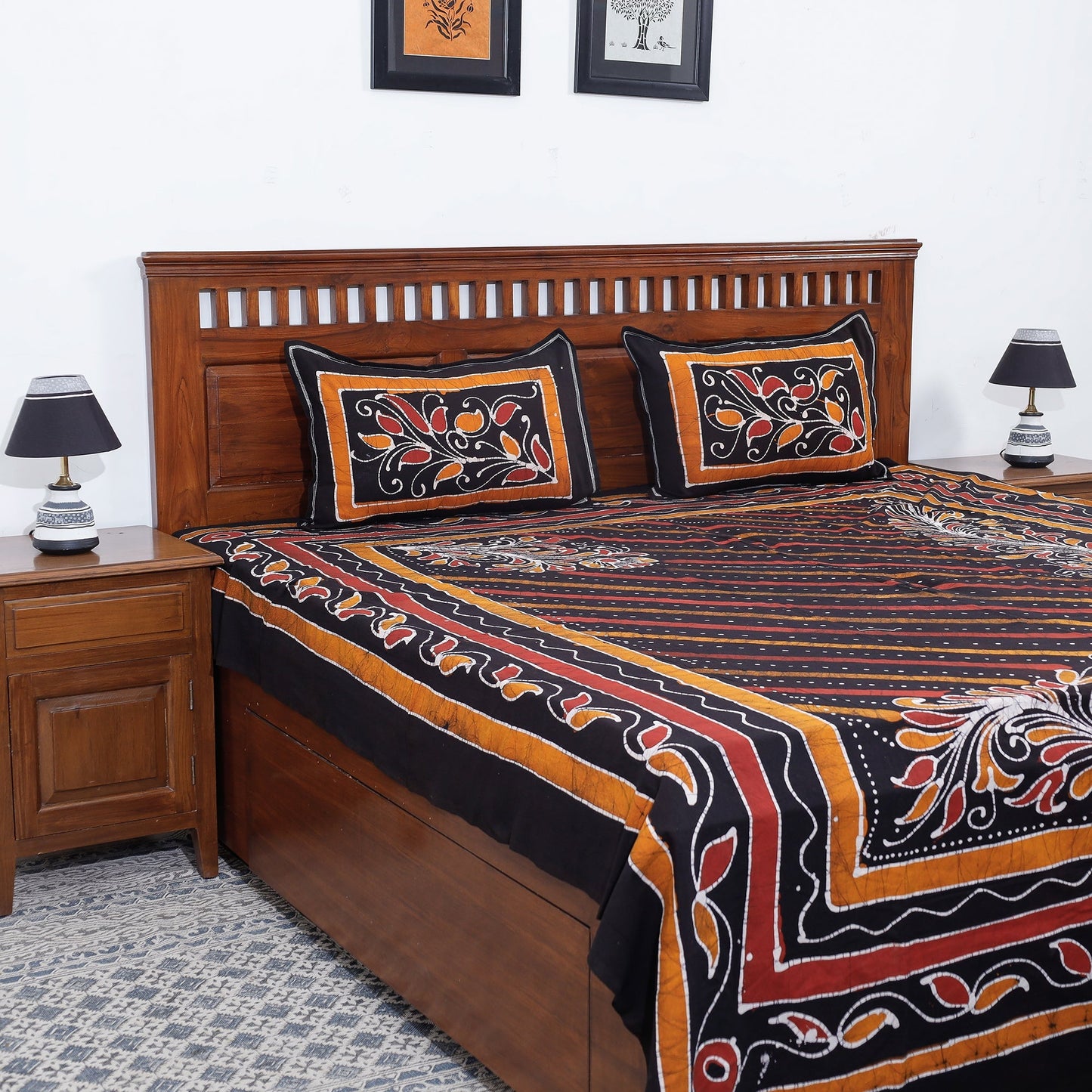  Hand Batik Printed Cotton Double Bed Cover with Pillow Covers 