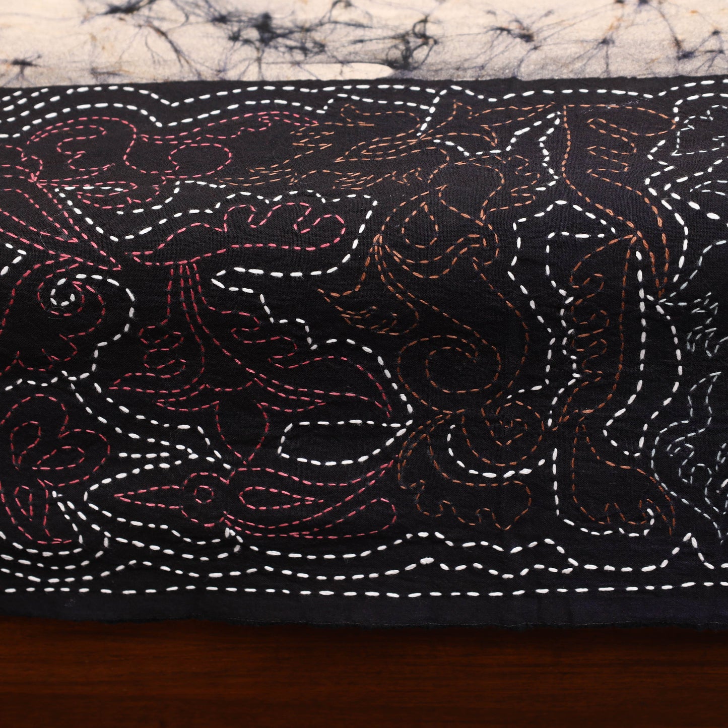 Black - Hand Batik Printed Cotton Kantha Work Bedsheet 01