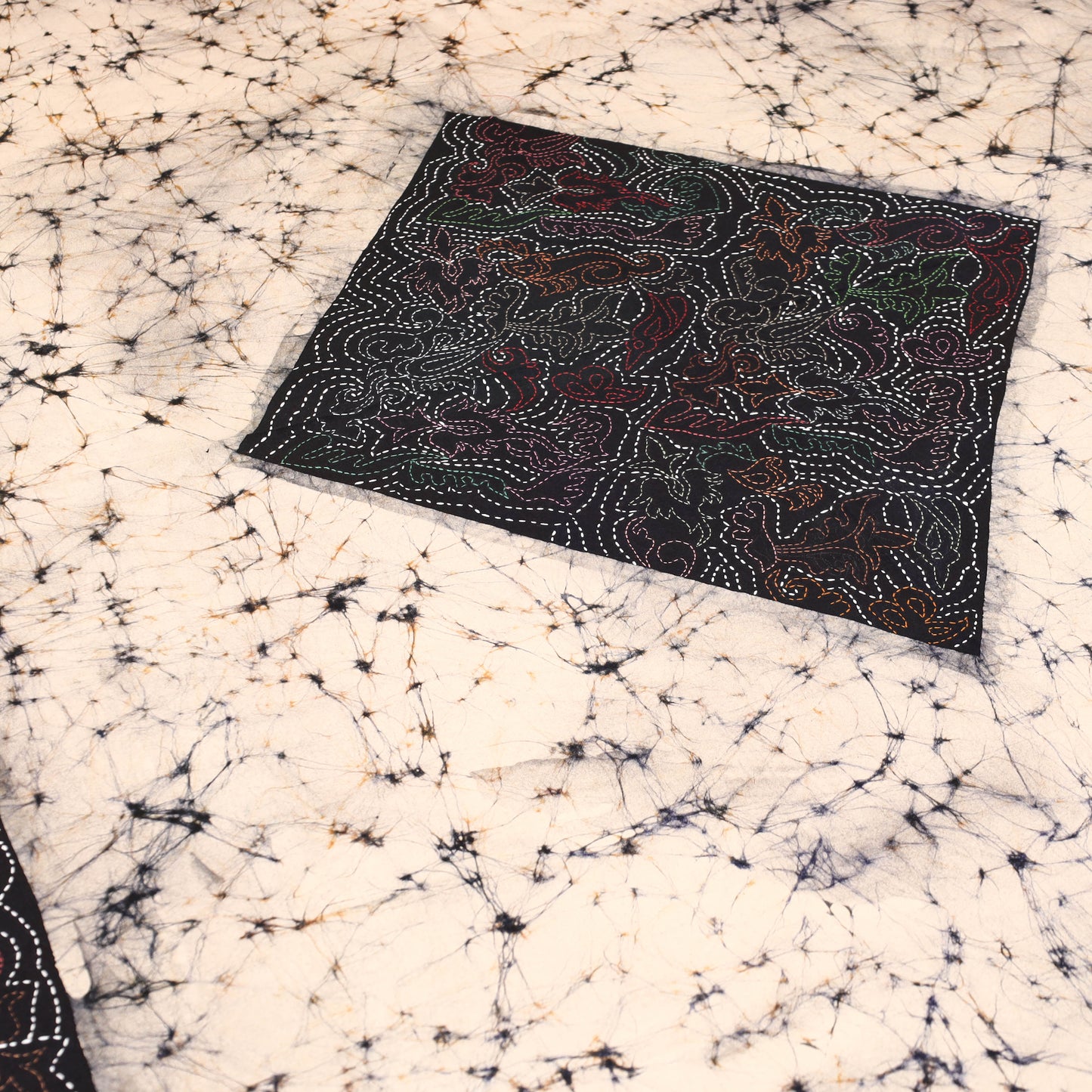 Black - Hand Batik Printed Cotton Kantha Work Bedsheet 01