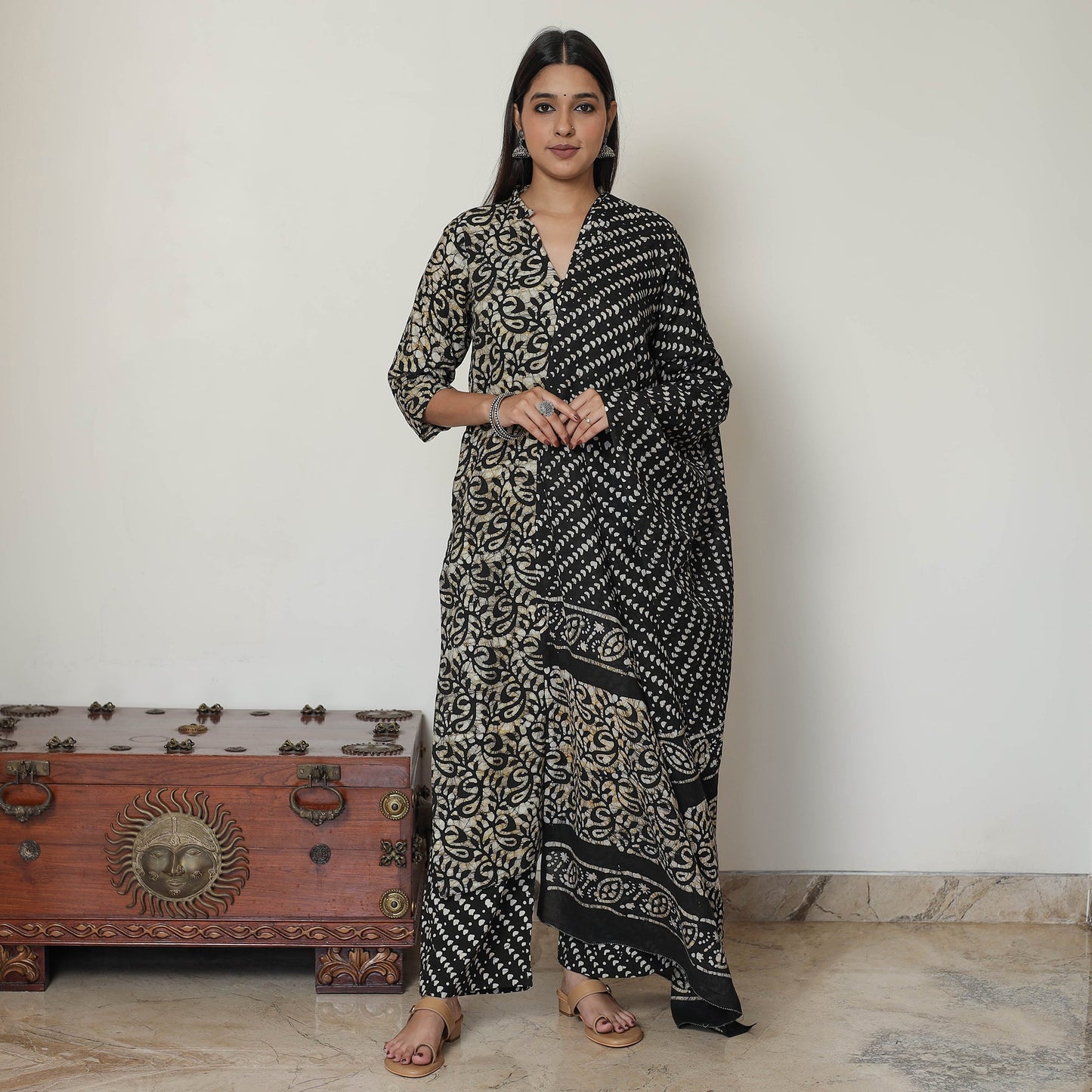 Black - Hand Batik Printed Cotton Kurta with Palazzo & Dupatta Set 14