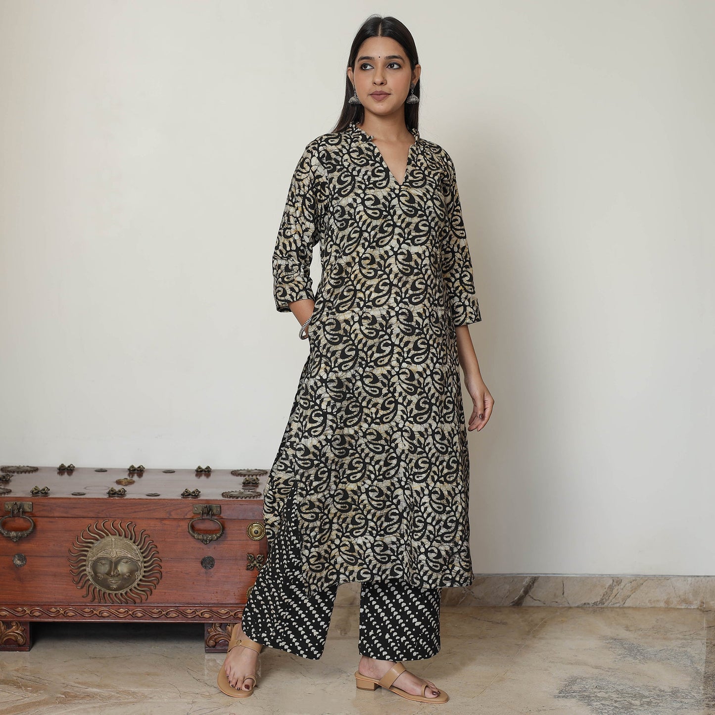 Black - Hand Batik Printed Cotton Kurta with Palazzo & Dupatta Set 14