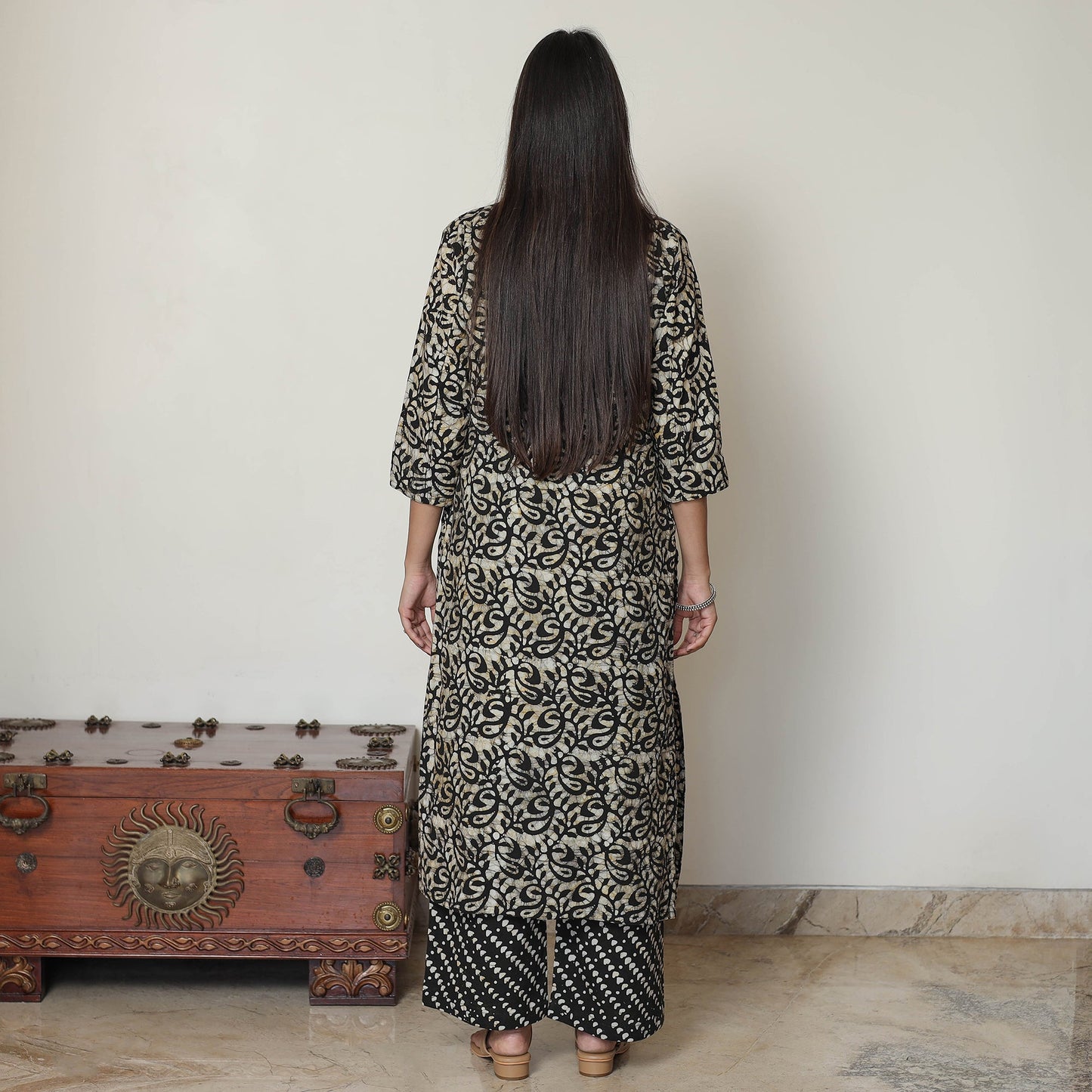 Black - Hand Batik Printed Cotton Kurta with Palazzo & Dupatta Set 14