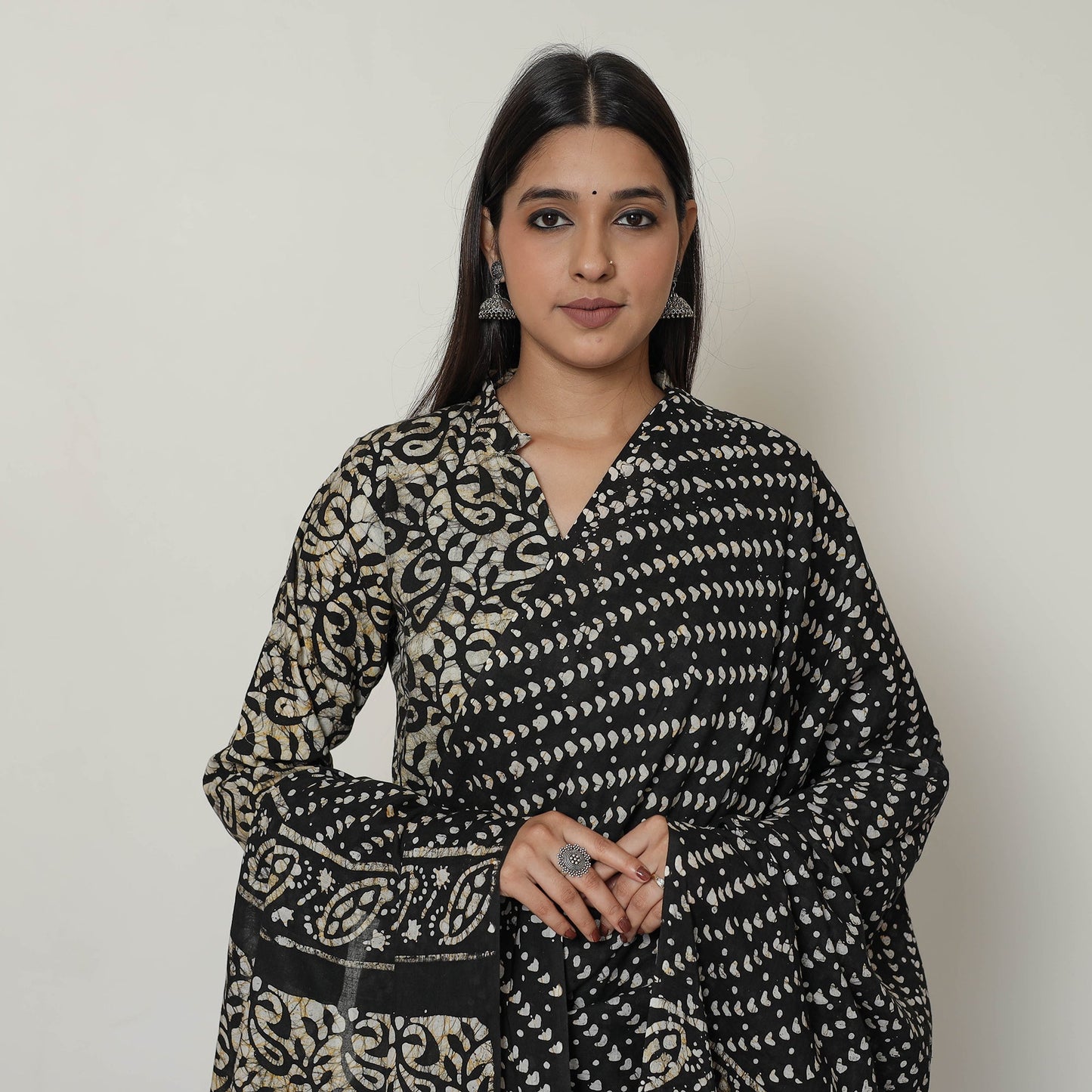 Black - Hand Batik Printed Cotton Kurta with Palazzo & Dupatta Set 14