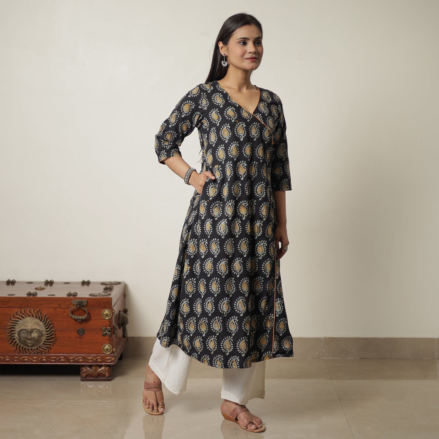  Hand Batik Printed Cotton A-Line Kurta for Women