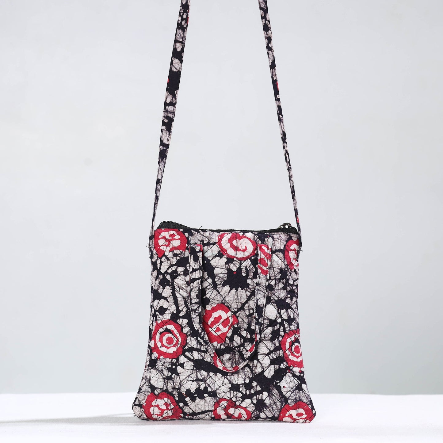 Black Hand Batik Printed Quilted Cotton Sling Bag 13