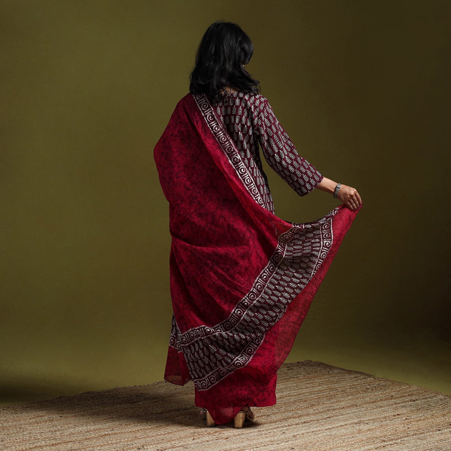 Hand block batik print cotton suit set with dupatta