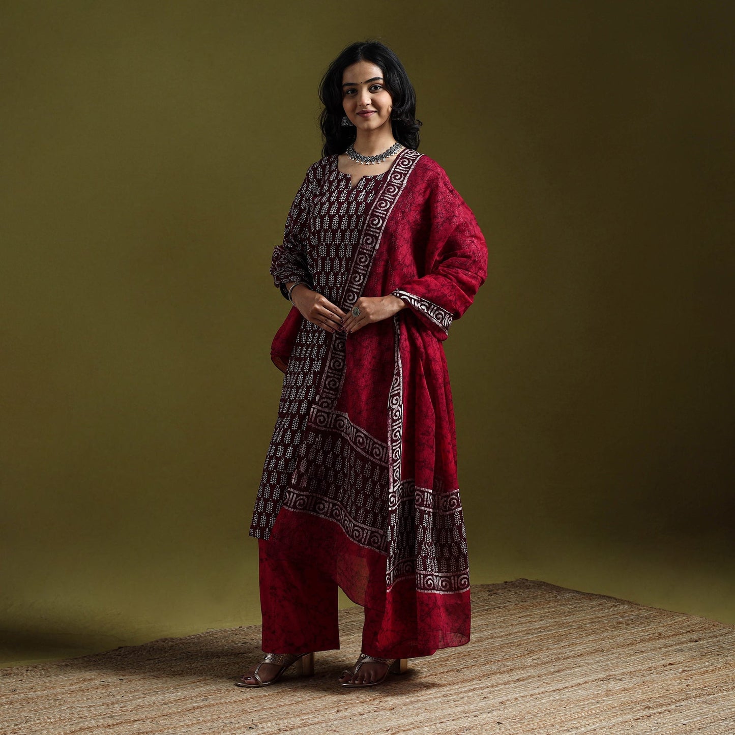 Hand block batik print cotton suit set with dupatta