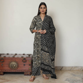 Black - Hand Batik Printed Cotton Kurta with Palazzo & Dupatta Set 14