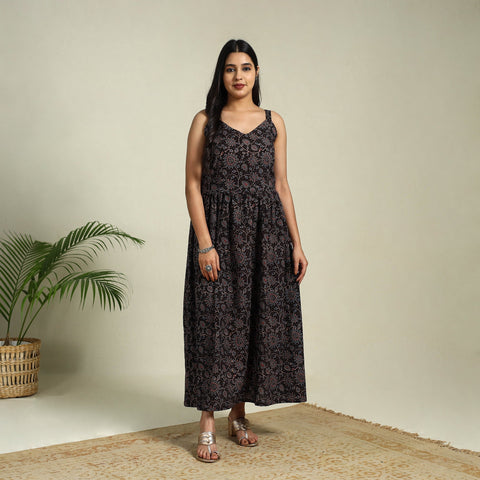 Buy Black Hand Block Print Cotton Flared Ajrakh Dress