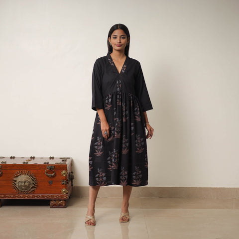 Buy Black Hand Block Print Cotton Flared Gher Ajrakh Dress