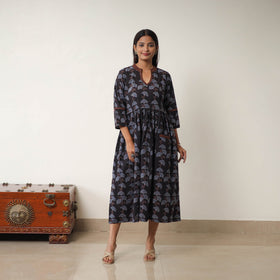 Buy Black Hand Block Print Cotton Flared Gher Ajrakh Dress