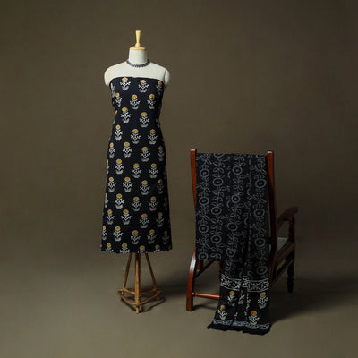 Hand block print cotton sanganeri 3pc unstitched dress