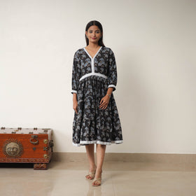 Black - Hand Block Print Cotton Tiered Ajrakh Dress 17