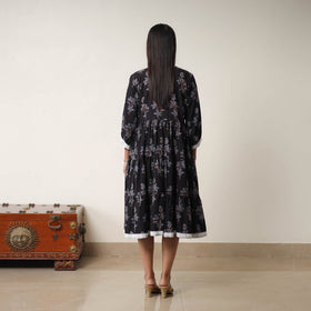  Black Hand Block Print Cotton Tiered Ajrakh Dress