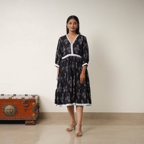  Black Hand Block Print Cotton Tiered Ajrakh Dress