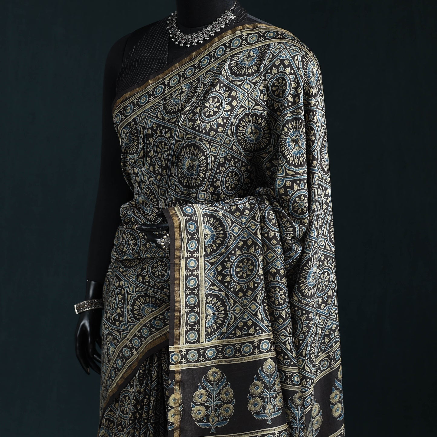 Hand block print natural dyed chanderi silk ajrakh saree 15
