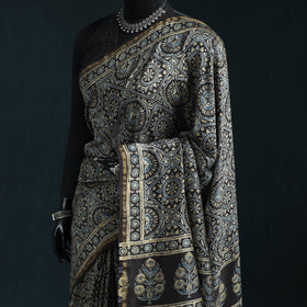 Hand block print natural dyed chanderi silk ajrakh saree 15