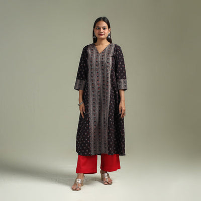 Hand block print natural dyed cotton a-line ajrakh kurta
