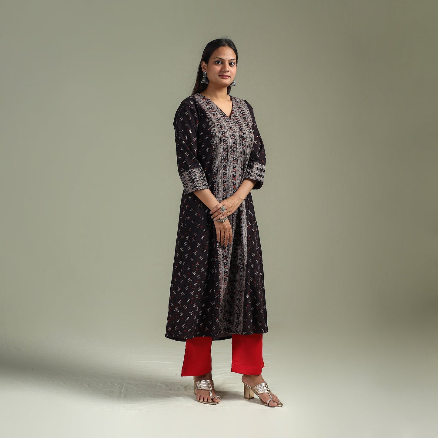 Hand block print natural dyed cotton a-line ajrakh kurta