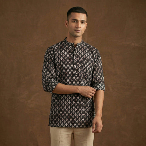 Hand block print natural dyed cotton short bagru kurta