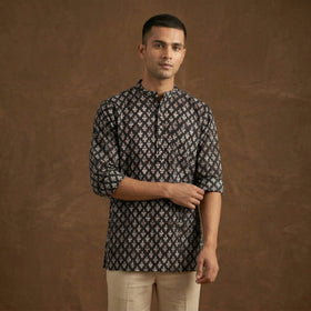 Hand block print natural dyed cotton short bagru kurta