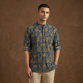 Hand block print natural dyed cotton short bagru kurta