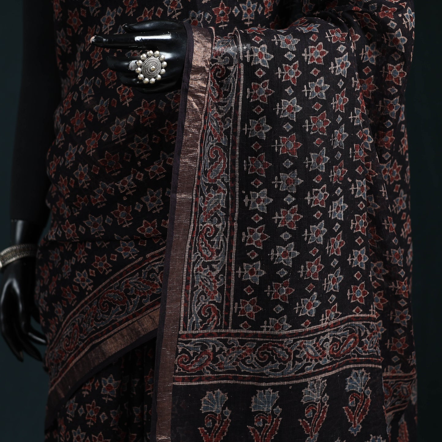 Hand block print natural dyed kota doria cotton ajrakh