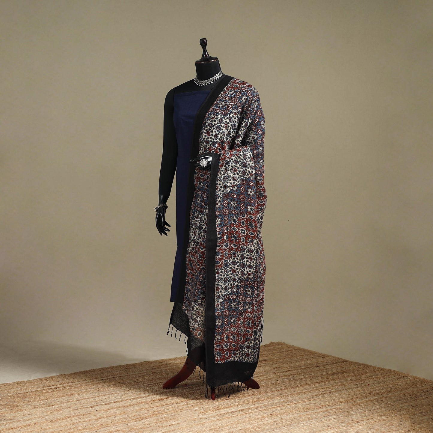 Hand natural dyed linen dupatta with tassels 16