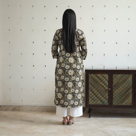 Hand Block Print Cotton Straight Pintuck Bagru Kurta for Women