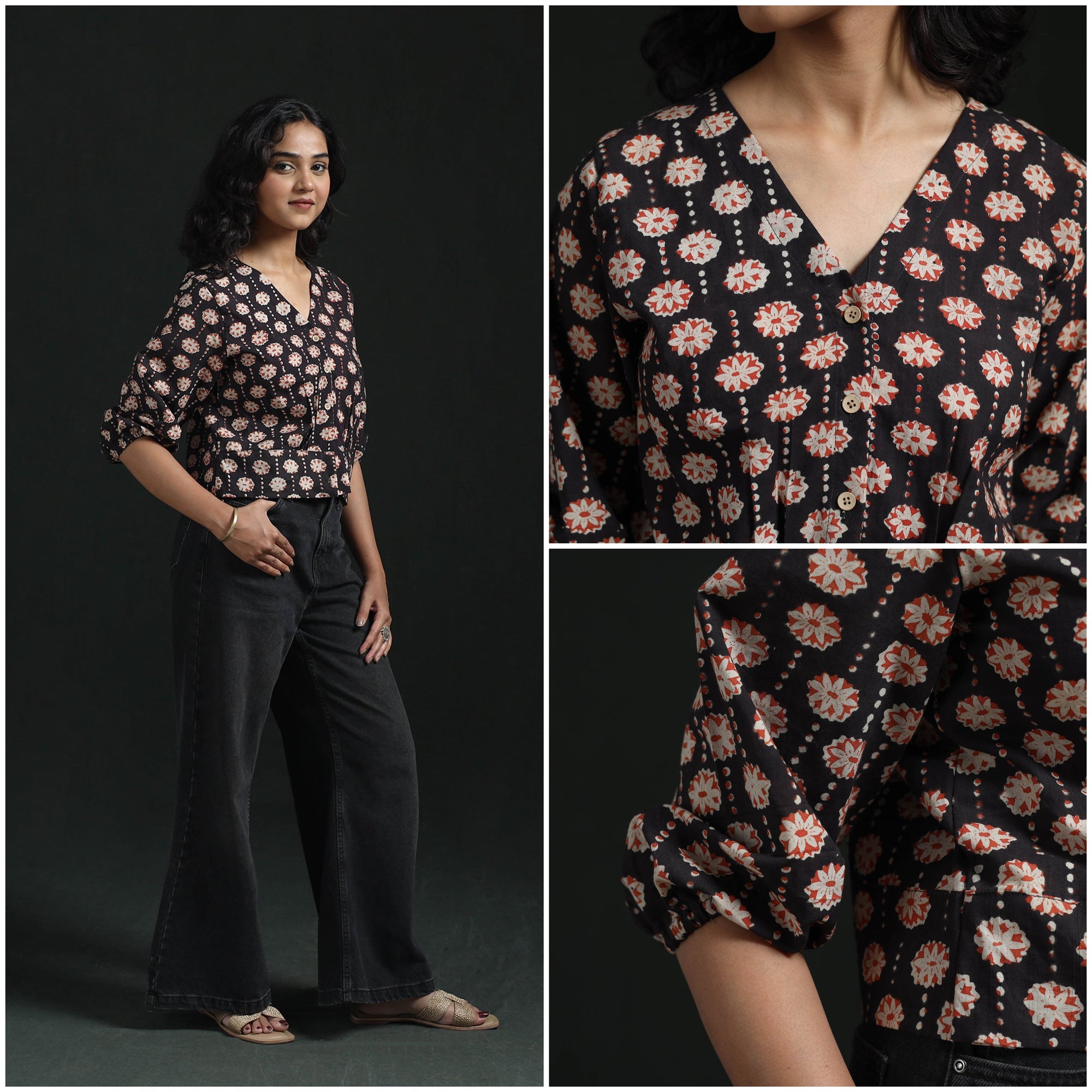 Basic Hand Top Black Hand Block Sanganeri Print Cotton Floral Crop Top